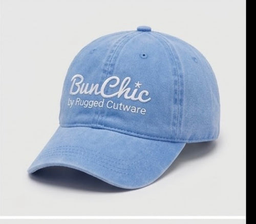 Blue ponytail baseball cap with built-in hair tie