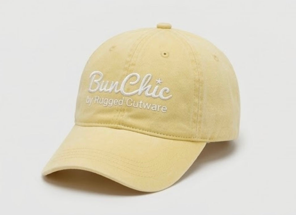 Yellow ponytail baseball cap with built-in hair tie